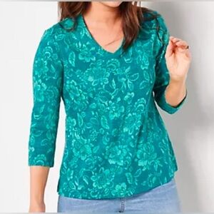 NEW-Isaac Mizrahi Live! PrintedPima Cotton VNeck 3/4-Sleeve TopColor: TealFloral